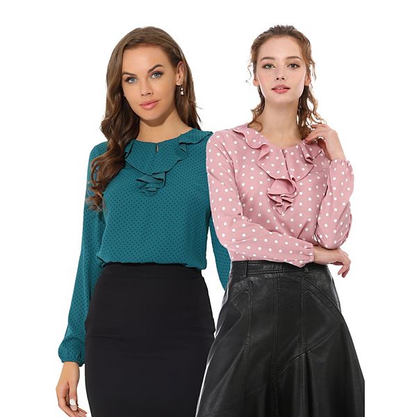 

2 упаковки блузки с длинным рукавом и рюшами на воротнике в горошек Inspire Chic, Blue Dots Pink Dots