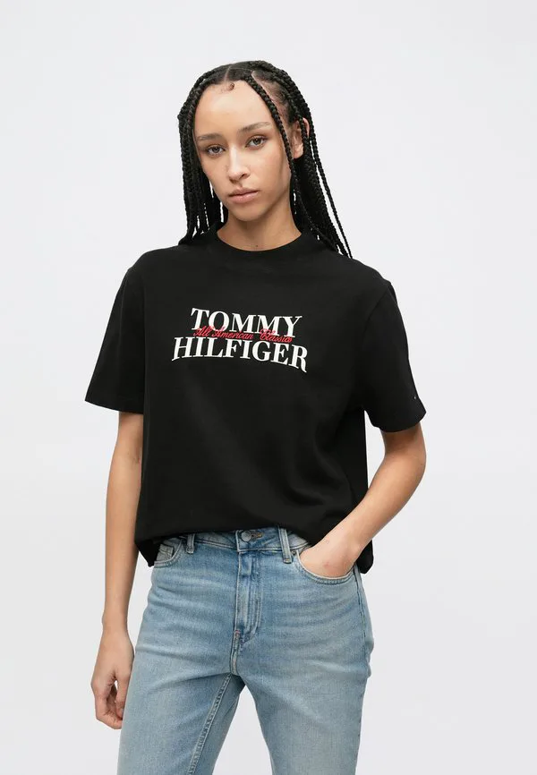 Классическая футболка с логотипом flock, свободного кроя. Tommy Hilfiger, Black — фото 4