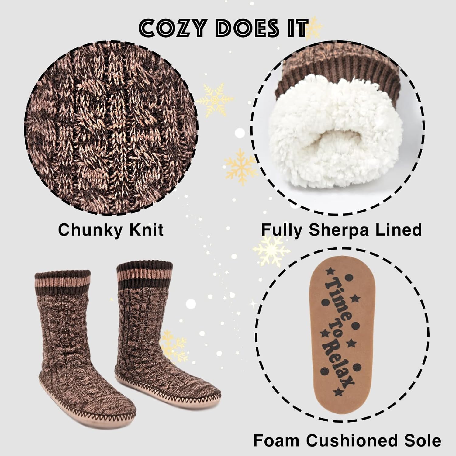 Мужские домашние носки-тапочки Cozylook с флисовой подкладкой, нескользящей подошвой, зимние мягкие толстые теплые тапочки для дома, коричневый — фото 4