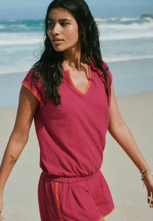 Блуза Next, Regular fit bubblehem notch neck whipstitch short sleeve top, розовый — фото 3