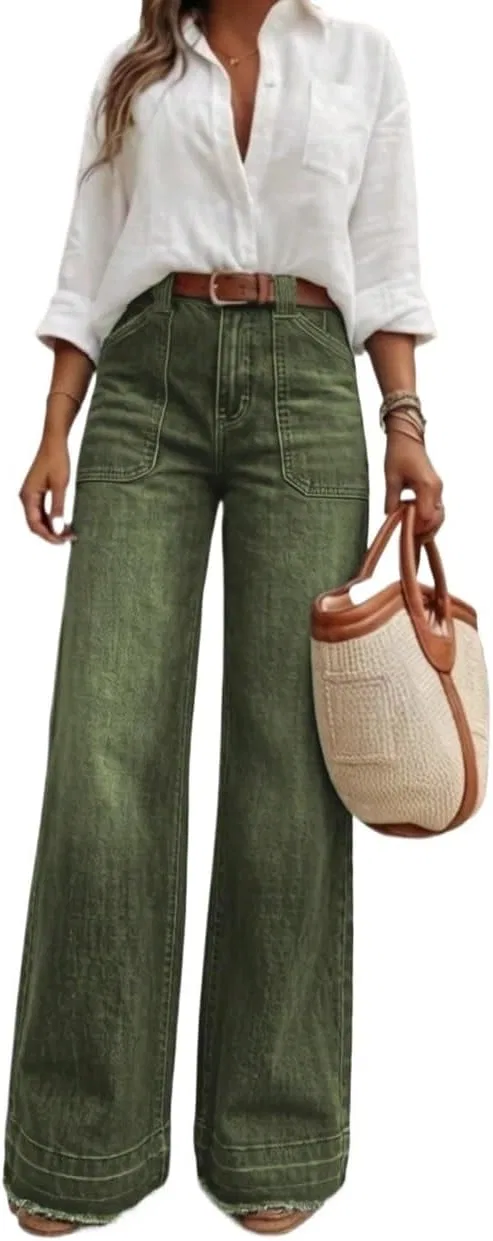 Джинсы свободного кроя, Wide Leg, Army Green