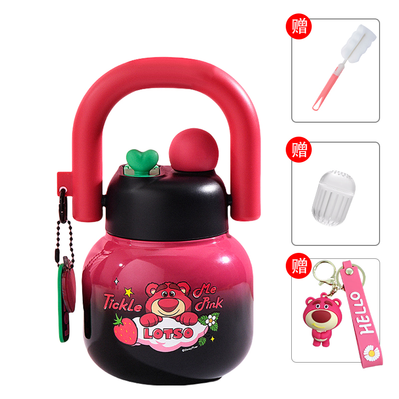 Детский термос-бутылка Strawberry Bear Disney «Big Belly Cup», Black Pink Lotso/ситечко для чая + ершик + подвеска