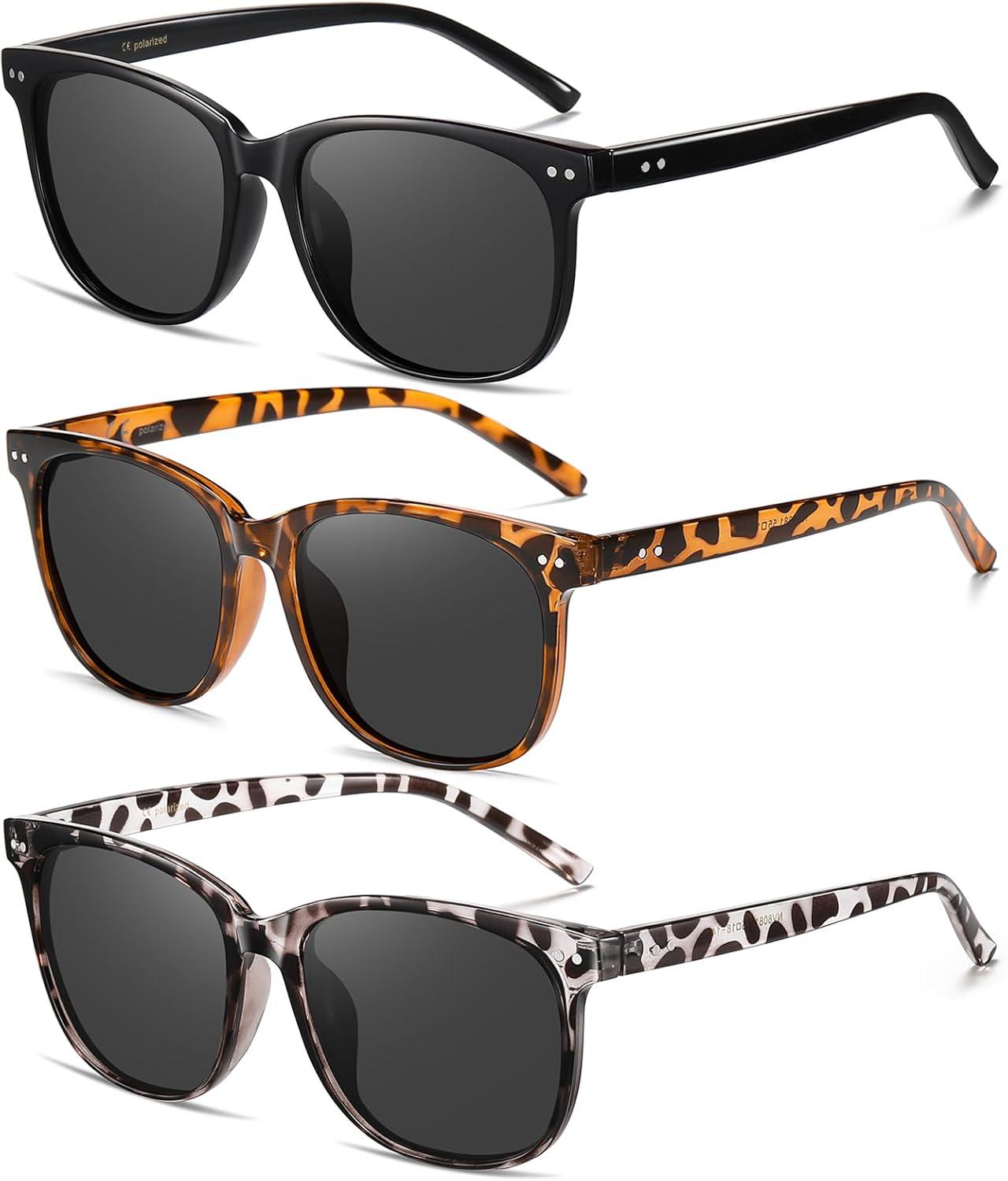 

Комплект из 3 поляризованных солнцезащитных очков Wzerry для женщин - модные очки в крупной оправе, легкие, с линзами, защищающими от УФ-излучения UV400, Black/Grey + Brown Tortoise/Grey + White Tortoise/Grey
