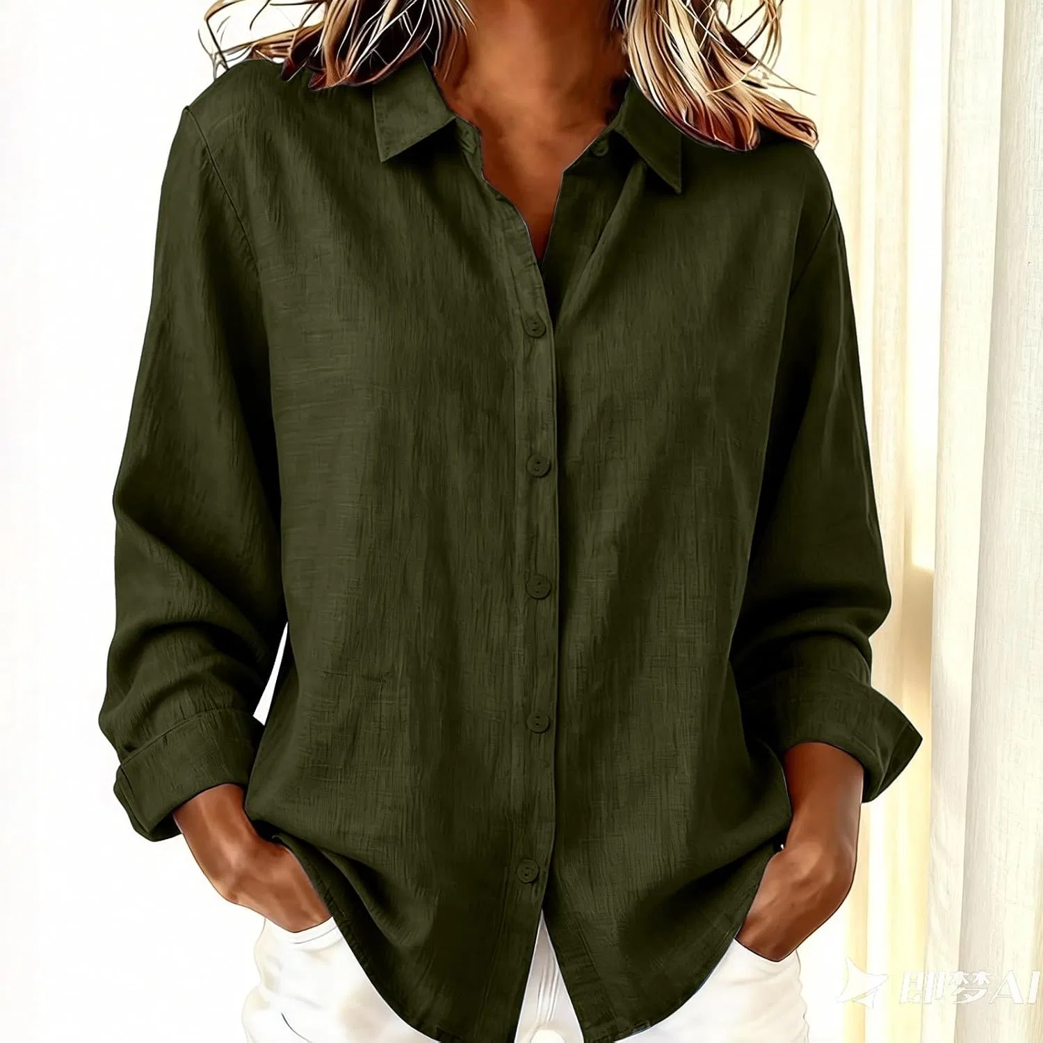 Блуза, длинный рукав, Button-Down Shirt, черный зеленый — фото 2