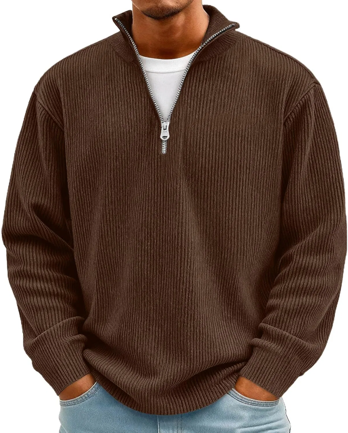 Мужская кофта на молнии, вельвет, Corduroy, коричневый