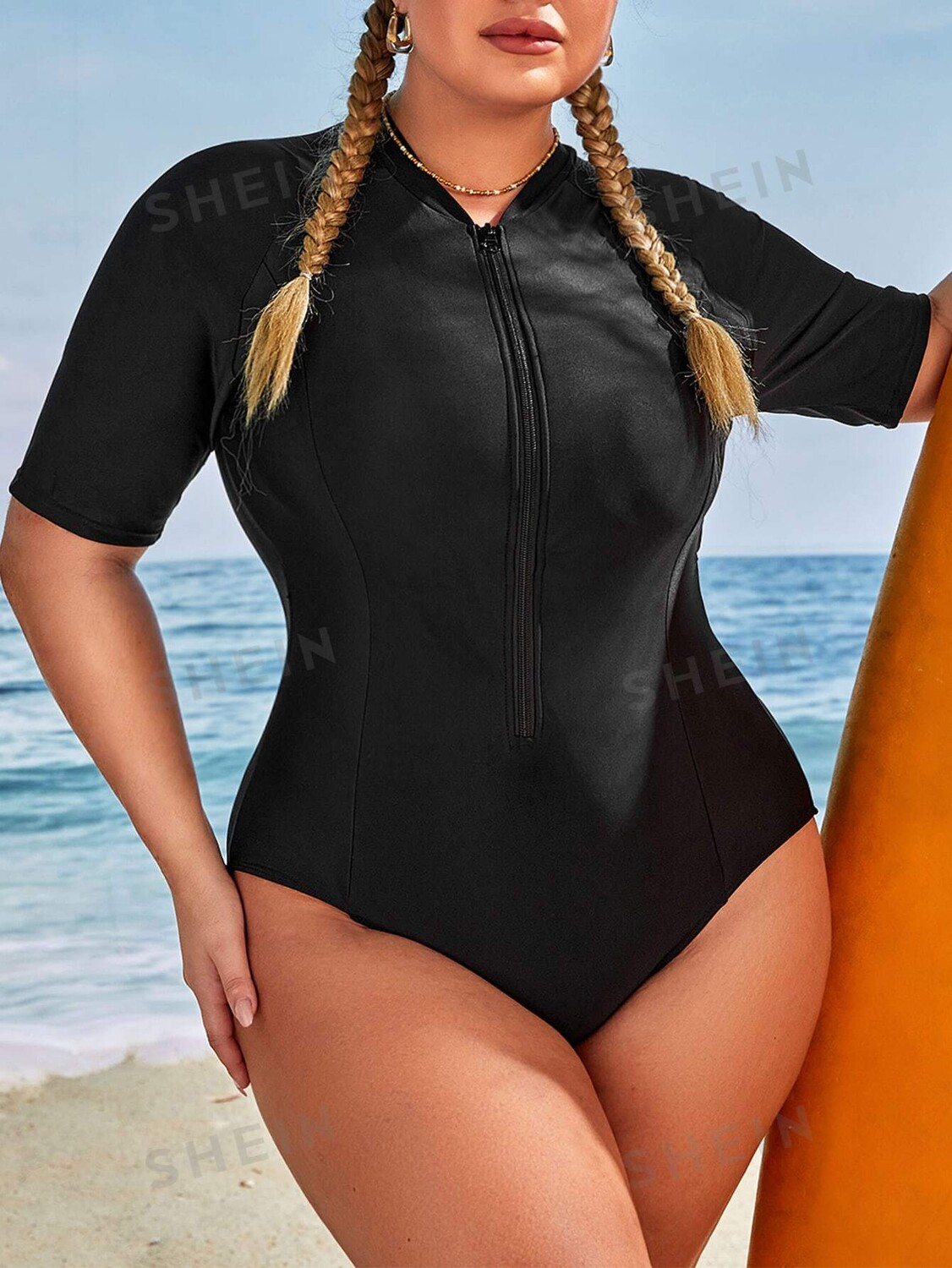 

Swim SPRTY Plus Цельный купальник, однотонный, с молнией спереди Shein, черный