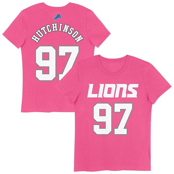 

Футболка Detroit Lions с именем и номером игрока Aidan Hutchinson для девочек, розовая Nike