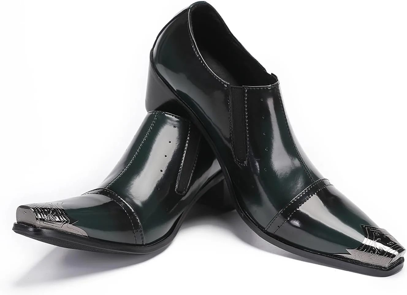 Мужские лоферы Santimon Loafers, свадебное платье, слипоны, диско, вечерние туфли - повседневные туфли на каблуке с металлическим носком - западные мокасины для мужчин и мальчиков, черный/зеленый — фото 3