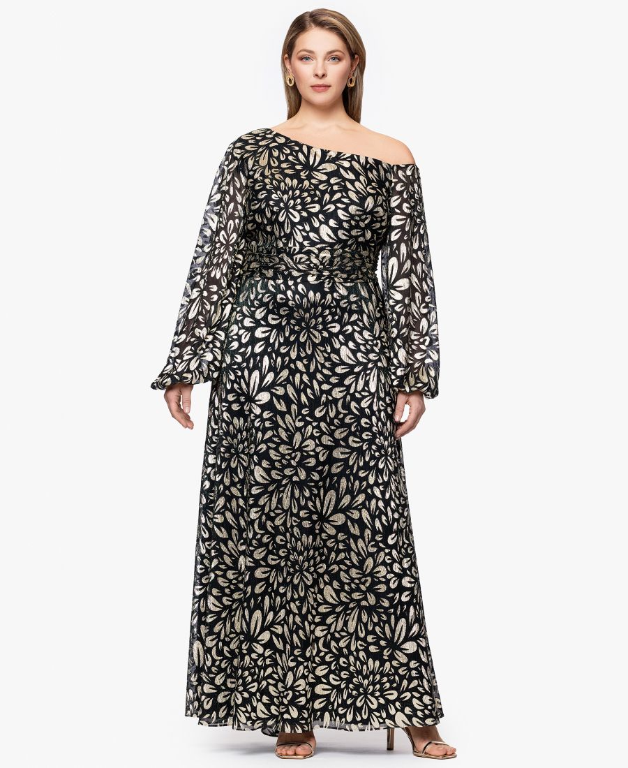 

Длинное платье А-силуэта с металлизированным принтом, больших размеров B&A By Betsy and Adam, Green, Gold