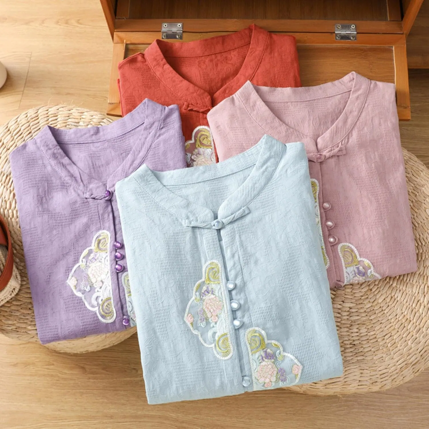 Блуза с коротким рукавом, из хлопка и льна, синий — фото 4