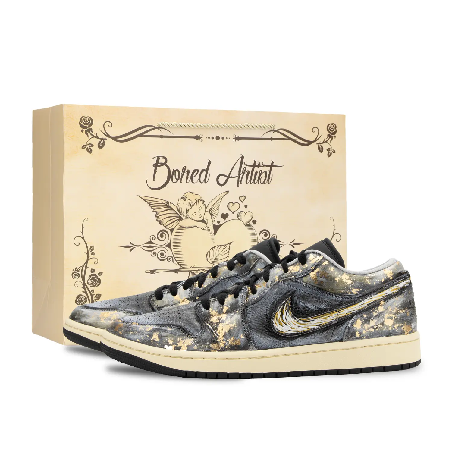 

Кроссовки баскетбольные Air 1 Jiang Jin Yue, Jin Di Fen Tian Yan, устойчивые к истиранию, низкие, винтажные, мужские Jordan, черный золотой Shopping Bag