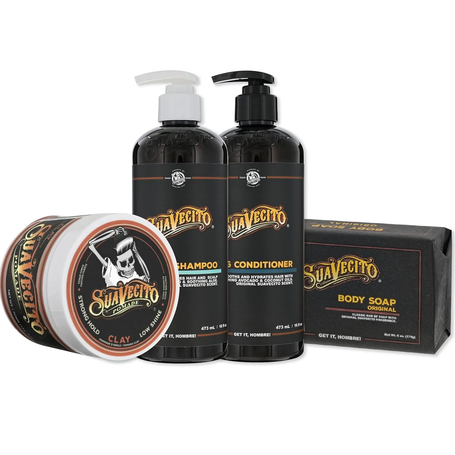 Набор Suavecito Hair & Body Essentials из 4 предметов - включает в себя помаду для укладки, увлажняющее мыло для тела, увлажняющий шампунь и питательный кондиционер.