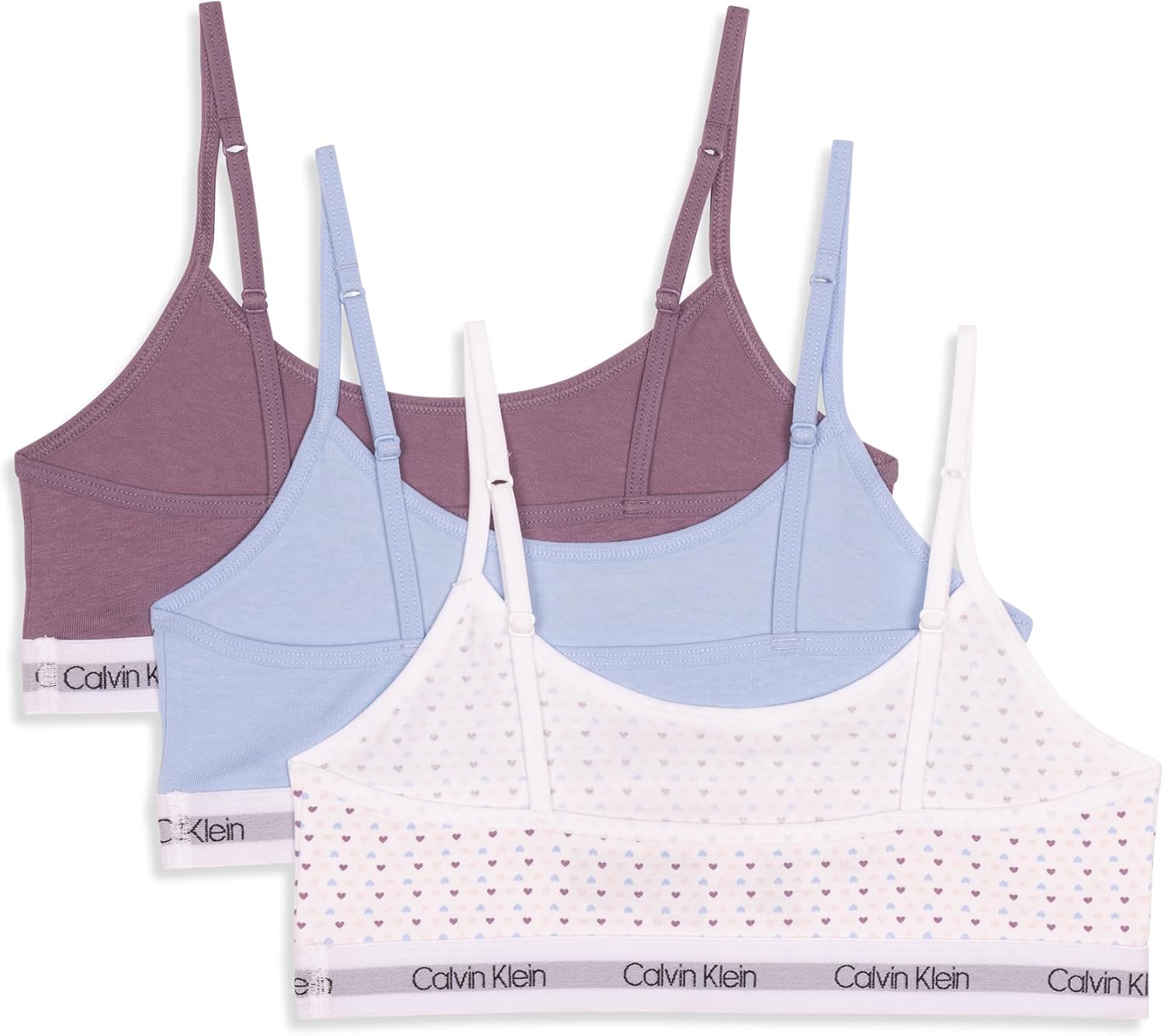 Укороченные хлопковые бюстгальтеры-бралетты Calvin Klein для девочек, упаковка из 3 шт., Pink Multi Heart/Rushing Waters Blue/Refined Plum — фото 2
