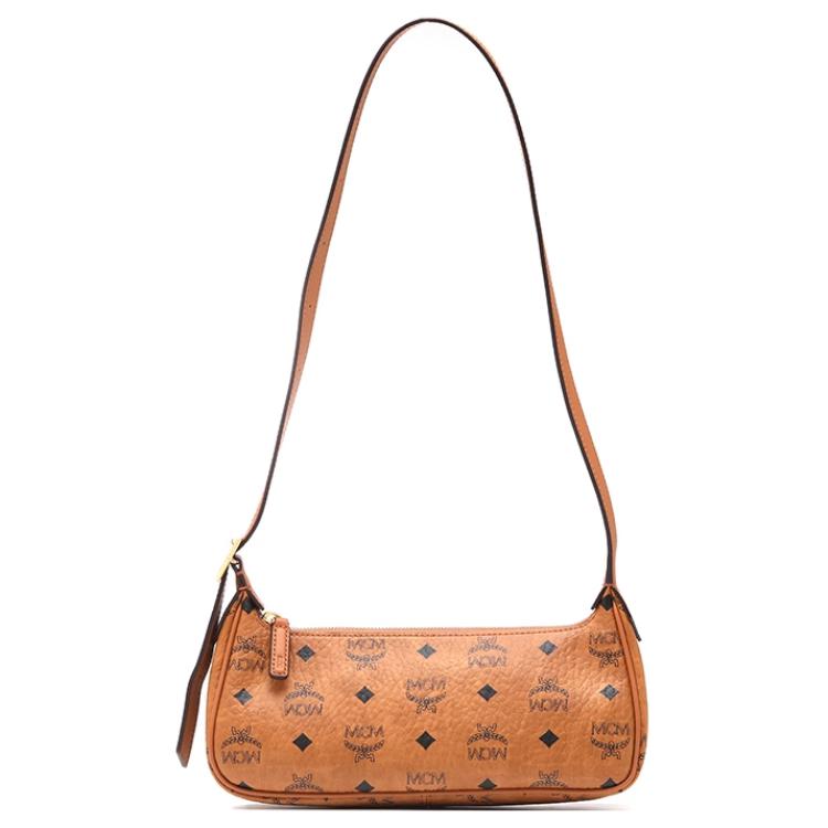 

MCM Женская коричневая сумка через плечо малого размера из холста с кожаными деталями коньячного цвета