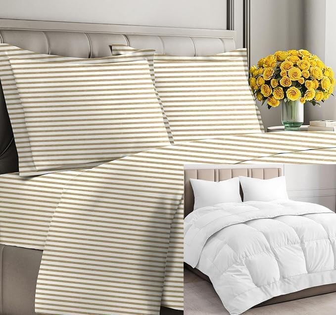 

CGK Unlimited Beige Stripes 2 пуховых одеяла с одеялом (королевского размера) — очень мягкий пододеяльник с 1 наволочкой — белое альтернативное пуховое одеяло — роскошный постельный комплект