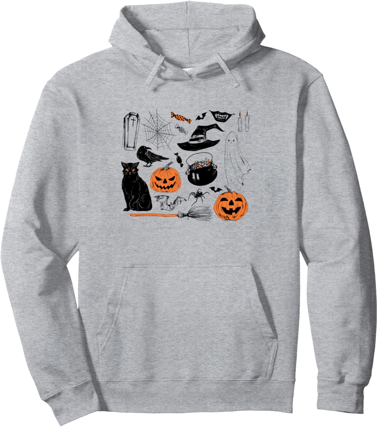 

Худи с изображением символов Хэллоуина: тыквы, черные кошки, паутина и призрак, серое Trendy Holiday Apparel