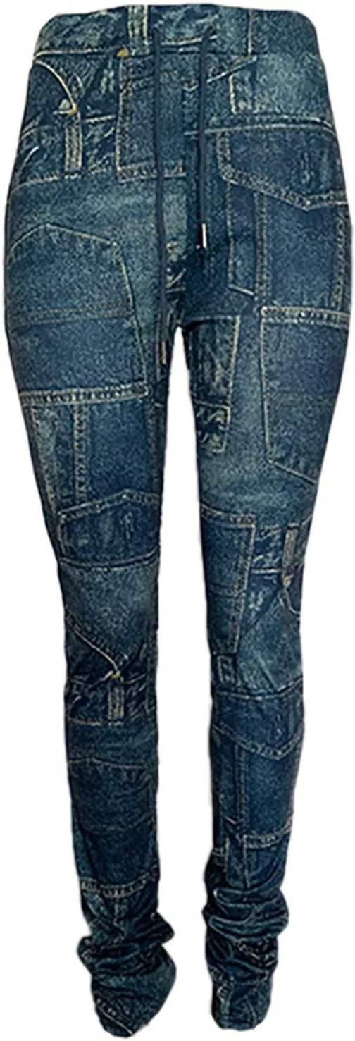 Женские брюки Plus Size Faux Denim с эластичным поясом на шнурке — фото 3