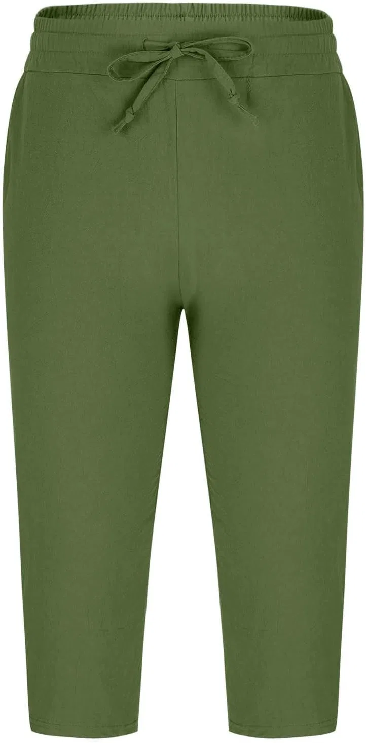 Мужские капри из льна и хлопка, свободный крой, на резинке, широкие, Green — фото 4