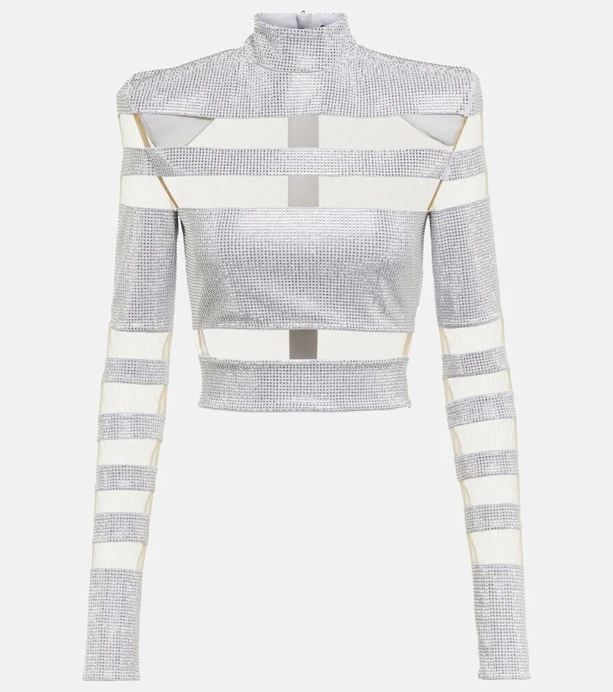 Топ с сетчатыми вставками, украшенный стразами Balmain, серебро