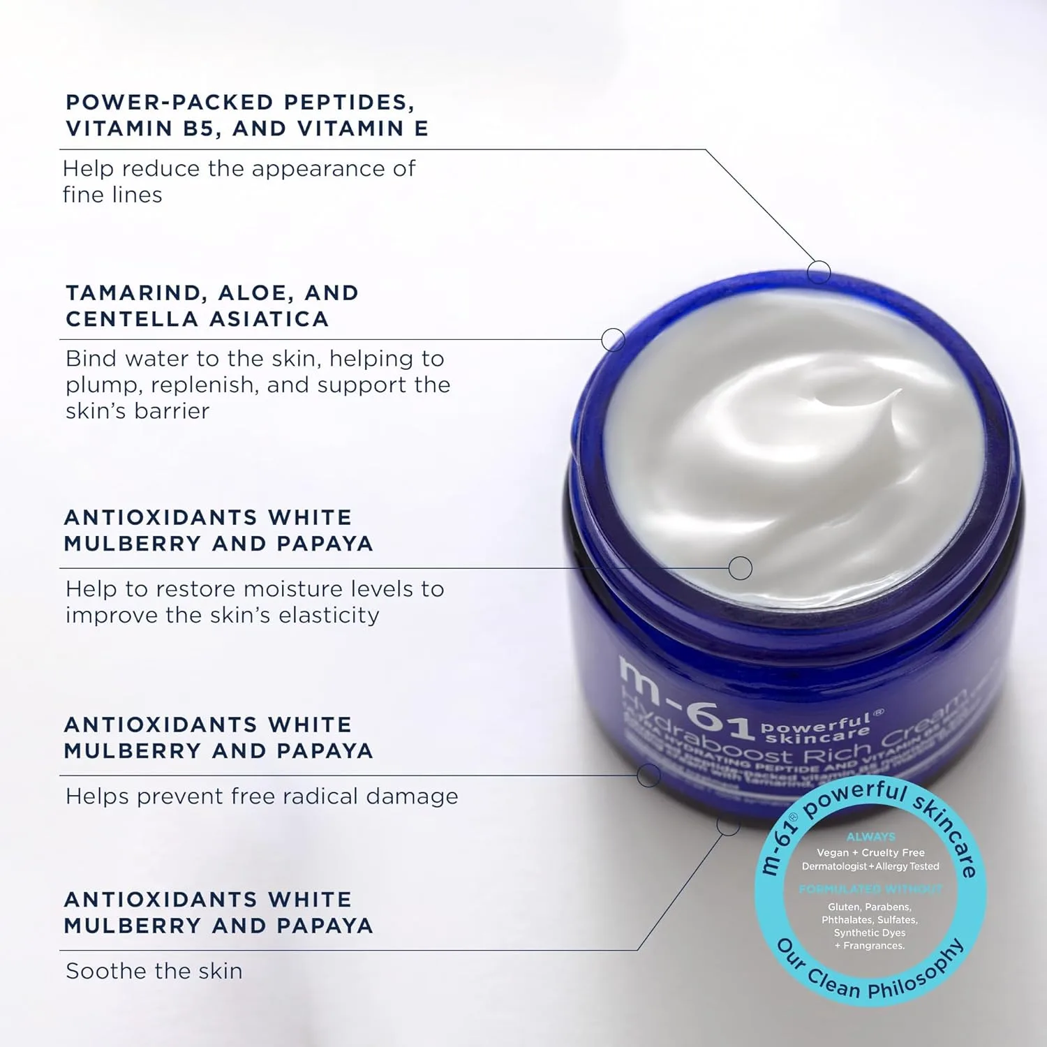 Пилинг M-61 — Hydraboost Rich Cream - роскошный увлажняющий с пептидами, витамином B5, тамариндом, алоэ, 50 мл — фото 3
