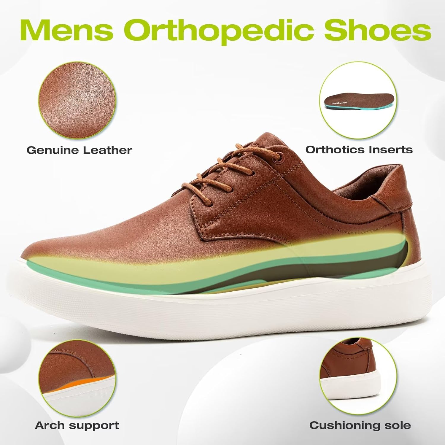 Мужские ортопедические широкие кожаные туфли OrthoComfoot: удобная поддержка свода стопы, оксфорды для плантарного фасциита, ортопедическая повседневная и деловая обувь для облегчения боли в стопах и пятках, коричневый — фото 4