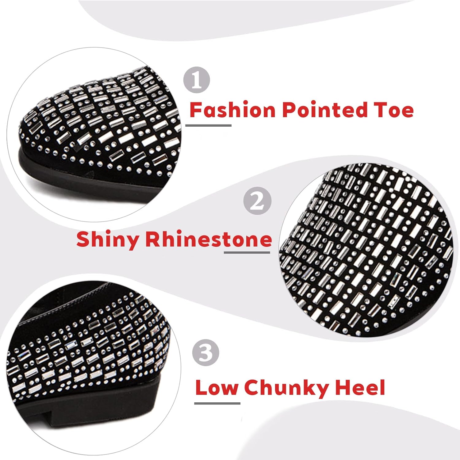 Мужские слипоны с блестящими стразами из искусственной кожи PU, модные, с острым носком, удобные, нескользящие, с низким массивным каблуком, дышащие, для вечерних прогулок, вождения и вечеринок Adkgbe, черный — фото 3