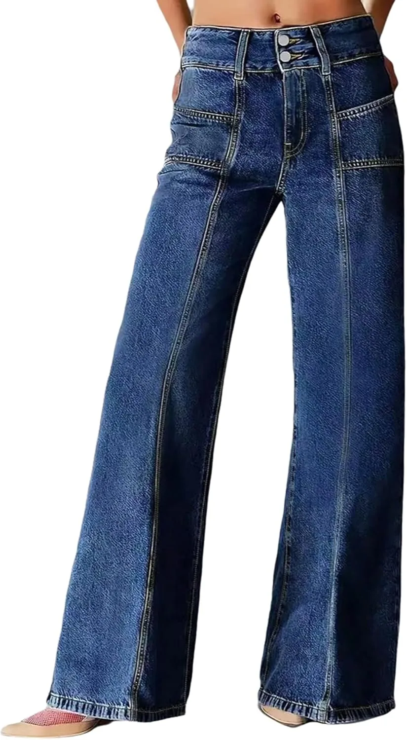 

Женские джинсы Wide Leg Casual Mid Waist Stretchy Buttoned Loose Fit Washed Straight Leg QLAUYIOE