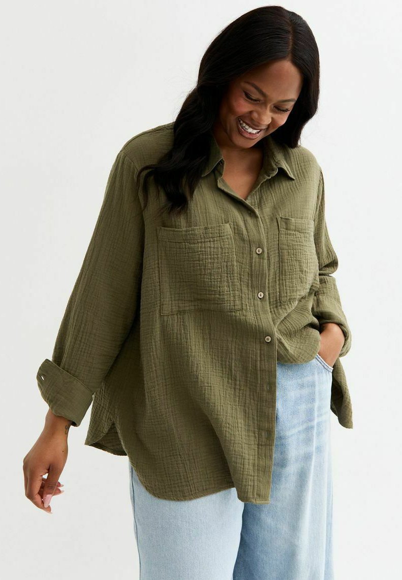 

Блузка на пуговицах CURVES CRINKLED TEXTURE New Look Curves, хаки