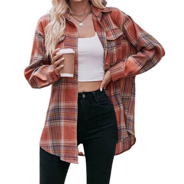 

Женская клетчатая рубашка-шакет oversize с длинным рукавом Elitespirit, Caramel Plaid