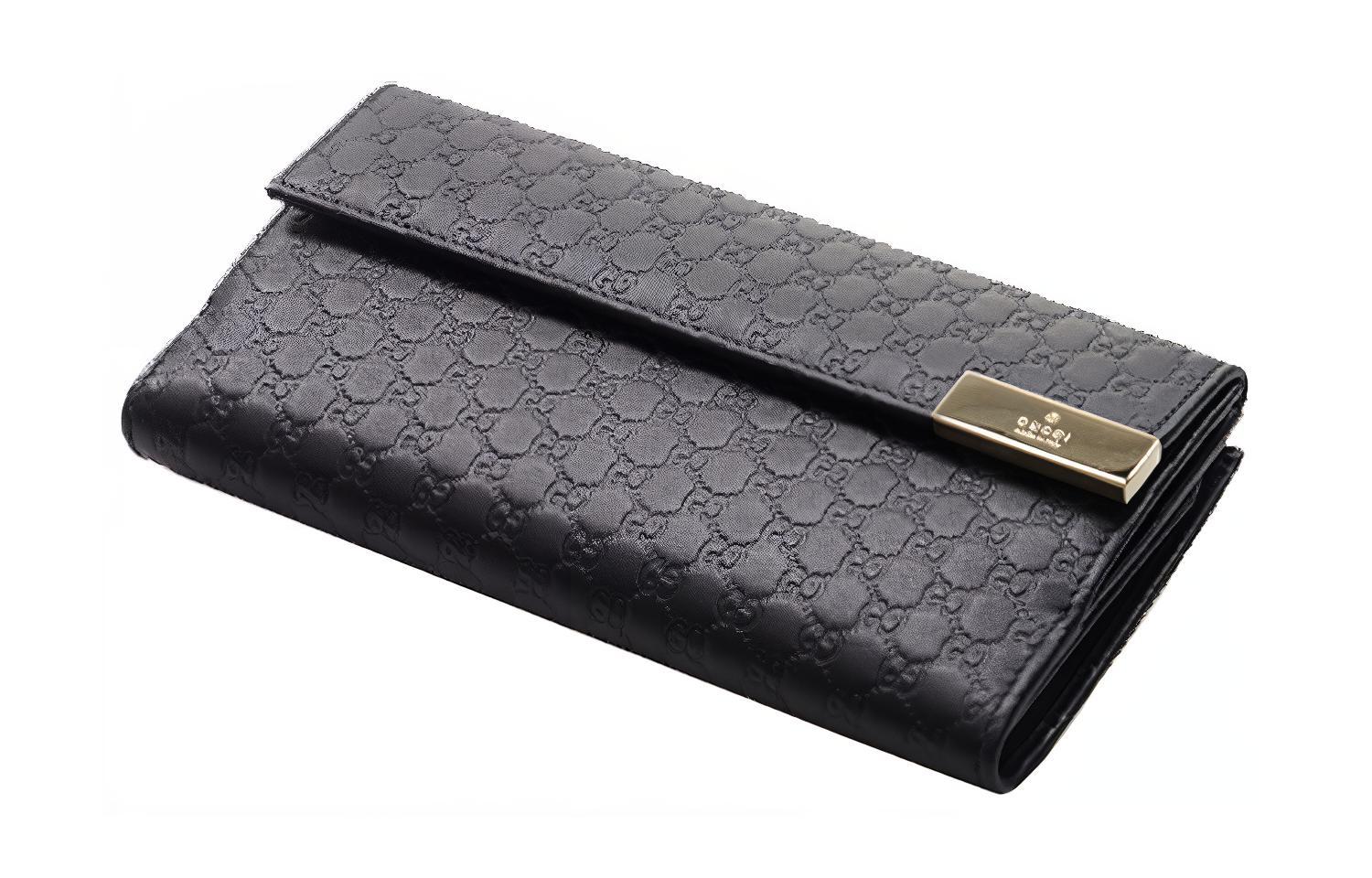 GUCCI Кожаный длинный складной кошелёк с денежным зажимом для женщин чёрный — фото 2