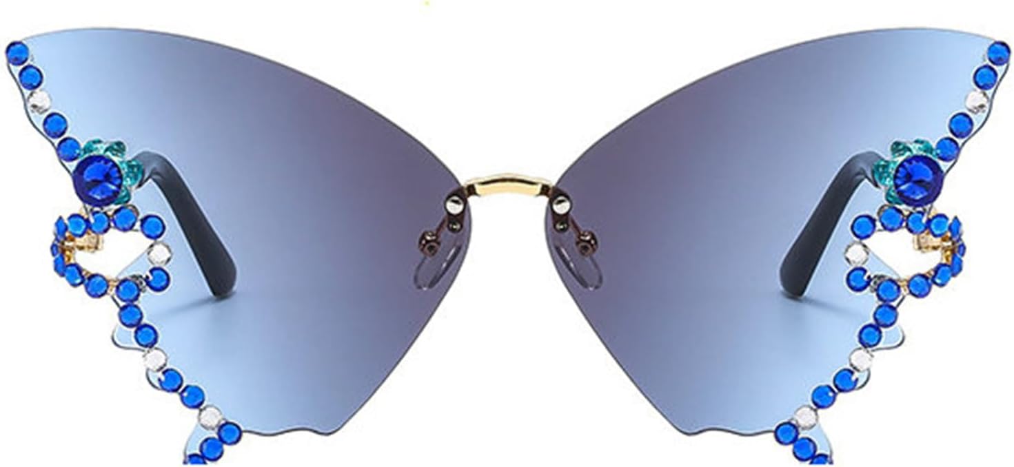 

Willochra Женские солнцезащитные очки без оправы Модные солнцезащитные очки с бабочками и бриллиантами Многоугольная безрамочная модель для вечеринок «кошачий глаз», Blue Gary