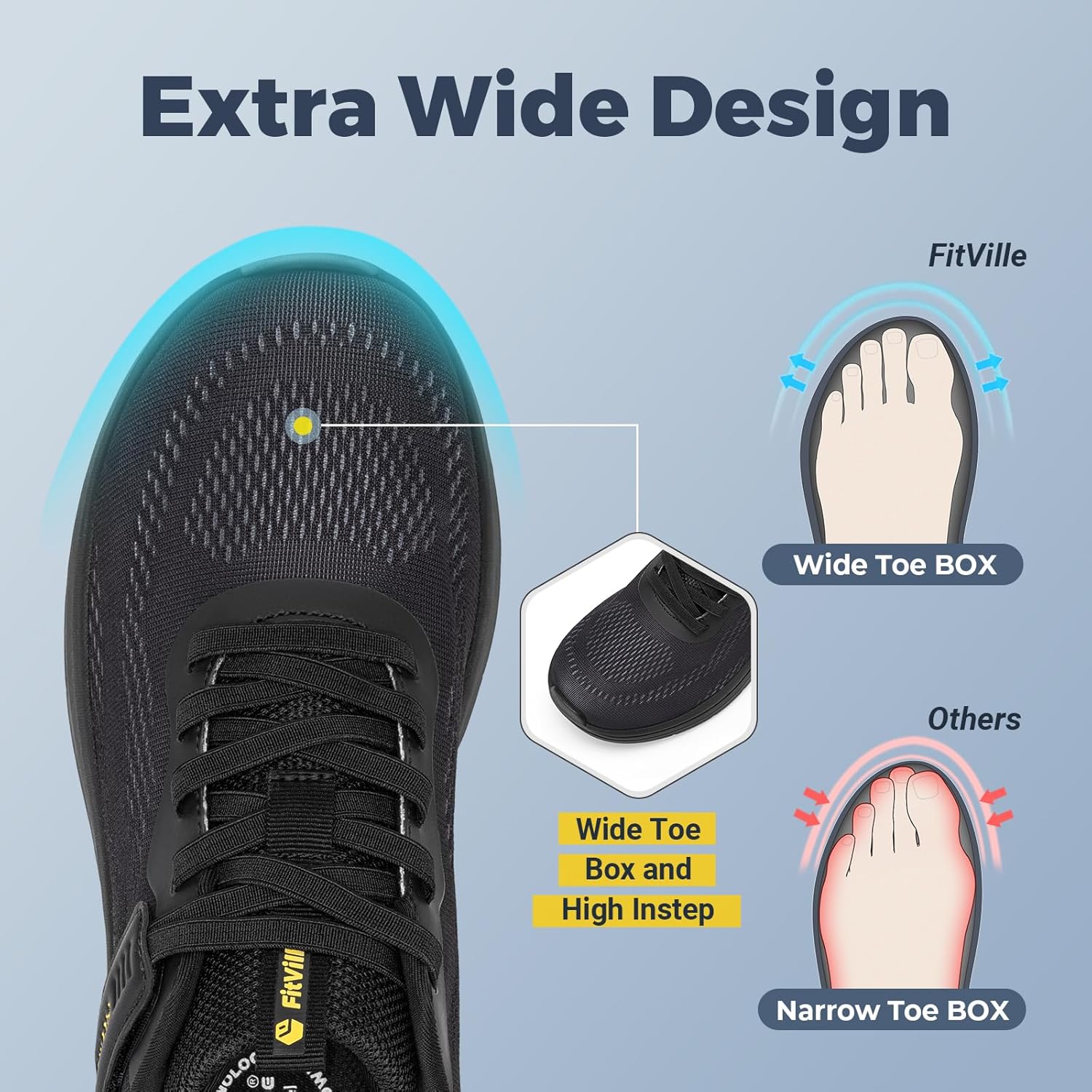Кроссовки FitVille Wide Walking Shoes для мужчин, широкие, с поддержкой свода стопы, удобные, легкие беговые кроссовки для мужчин при плоскостопии и подошвенном фасциите - Cloud Wanderer V22, черный — фото 2