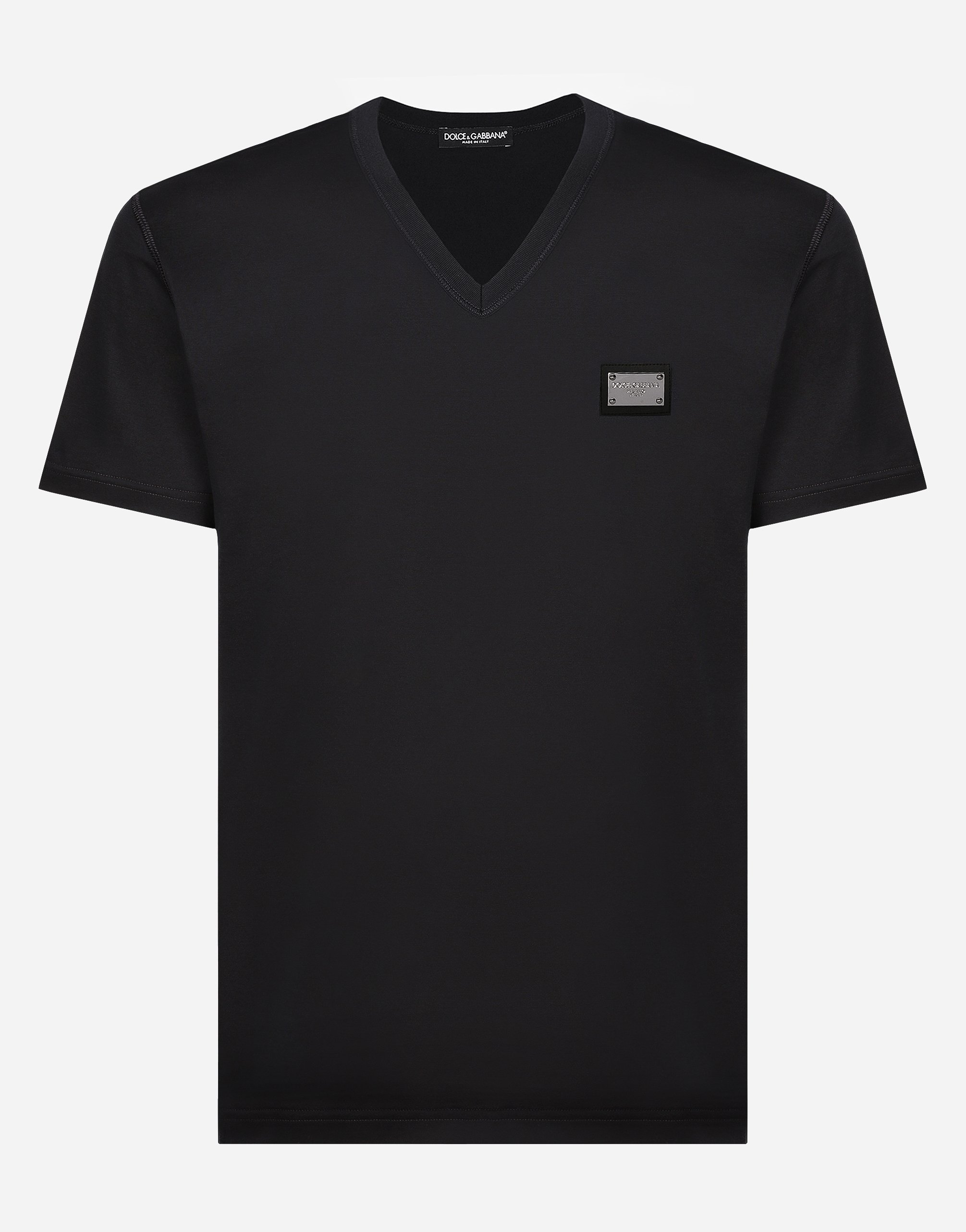 

Хлопковая футболка с v-образным вырезом и фирменной биркой Dolce & Gabbana, синий
