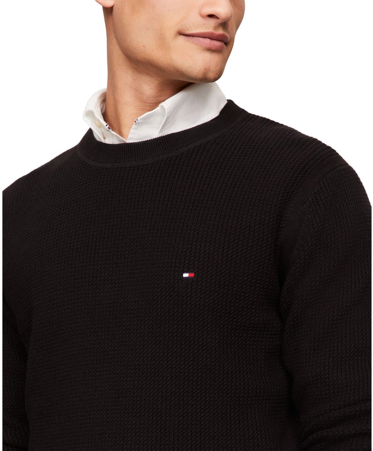 Мужской свитер Tommy Hilfiger с вафельной вязкой и круглым вырезом, легкий пуловер, также доступен в размерах для больших и высоких женщин., Black — фото 2