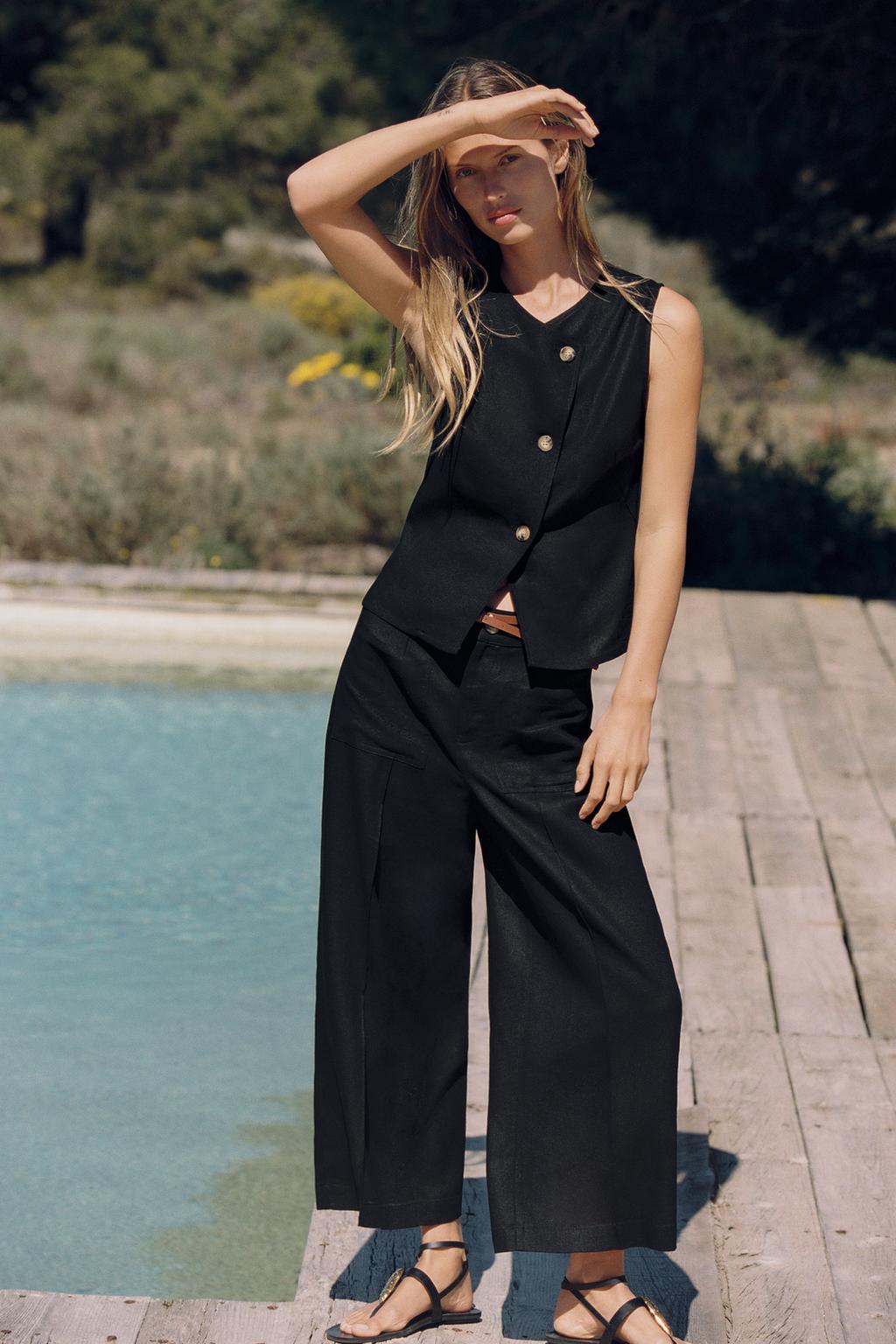 

Льняной двубортный жилет-топ ZARA, черный