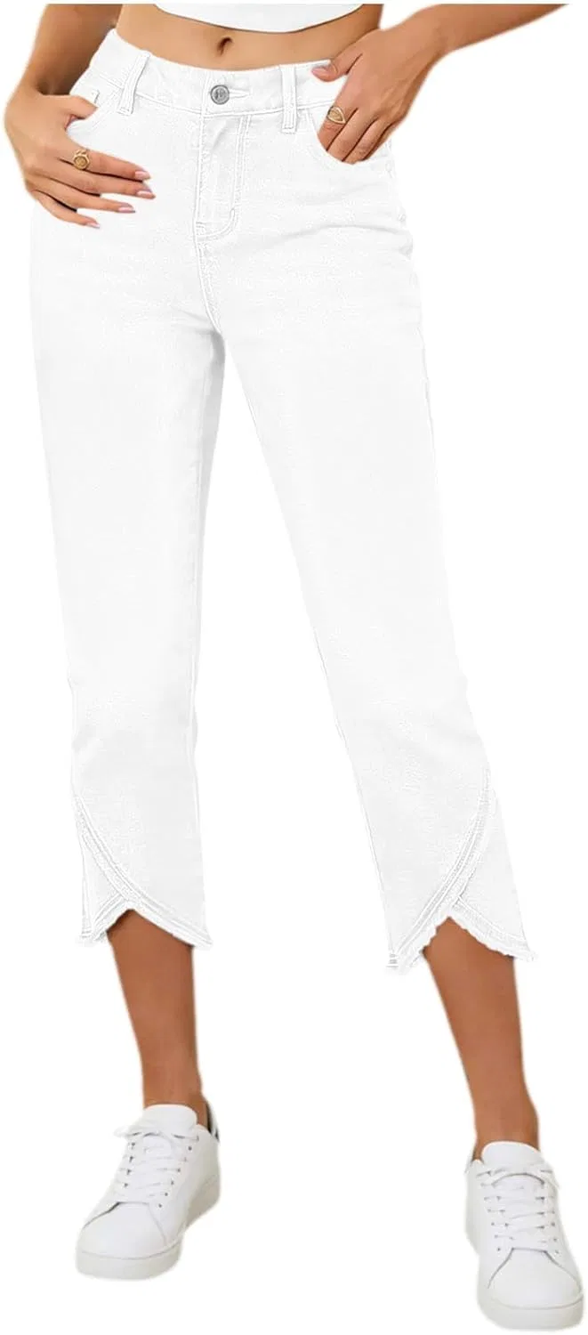 Джинсы с высокой талией капри, White