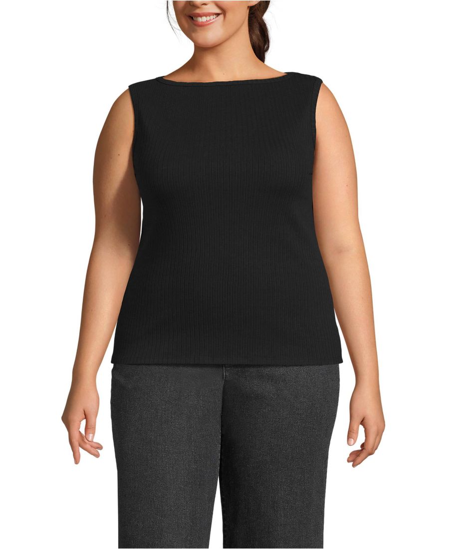 

Женская майка без рукавов большого размера с ажурным ребристым вырезом-лодочкой Lands' End, Black