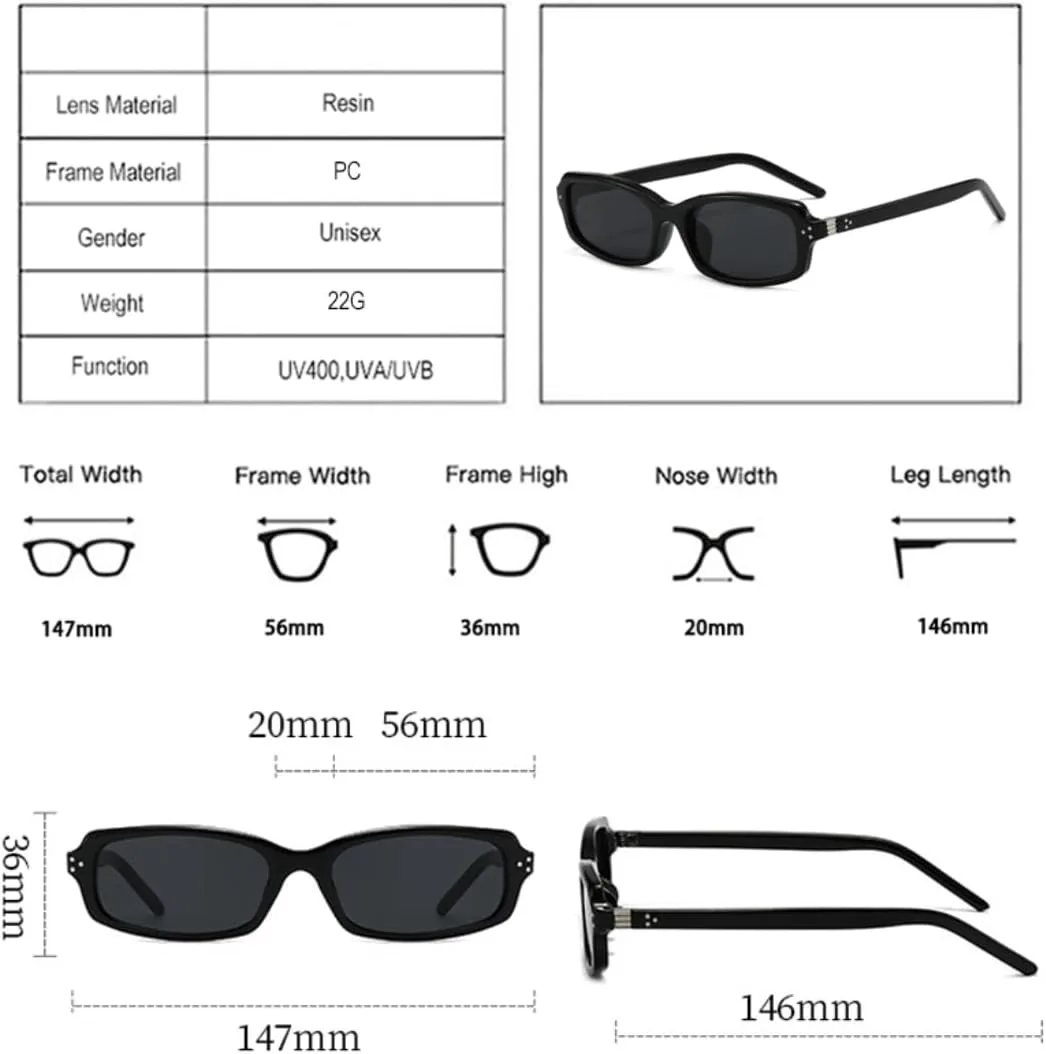 

Маленькие прямоугольные солнцезащитные очки для женщин и мужчин, защита от УФ-излучения UV400, винтажный дизайн, заклепки, прозрачная оправа TVTBBVV, Black Clear