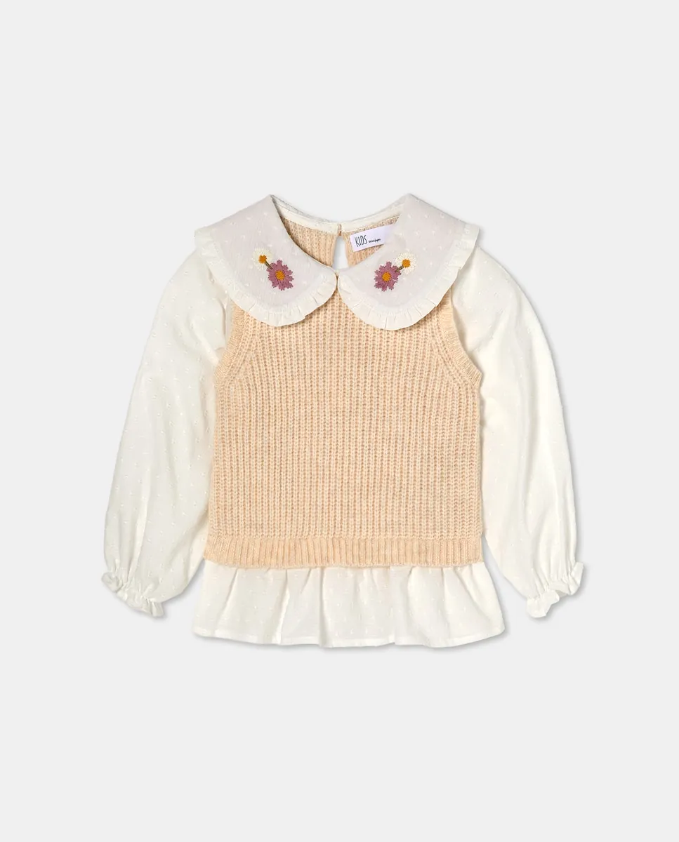 

Жилетоподобный джемпер с рукавами и воротником из плоской ткани с принтом для девочки Kids El Corte Inglés, экрю