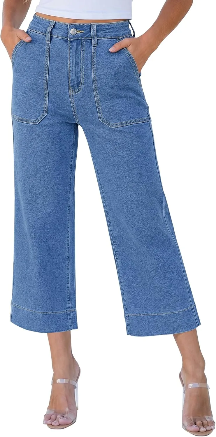 

Vetinee Capri Jeans для женщин, широкие, с высокой талией