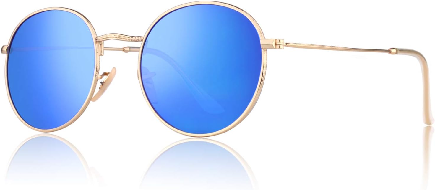

CGID Ретро круглые поляризованные солнцезащитные очки для мужчин и женщин, круглые металлические очки в стиле хиппи, защита UV400, E01, Vintage Gold Frame Blue Lens Mirrored