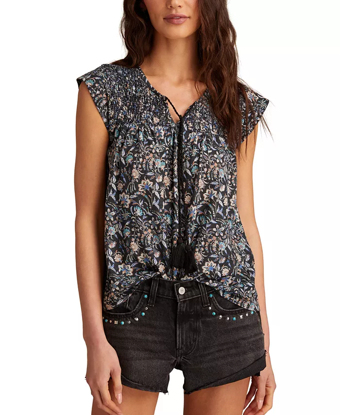 

Женский топ с цветочным принтом, сборкой и завязками с кисточками Lucky Brand, мультиколор