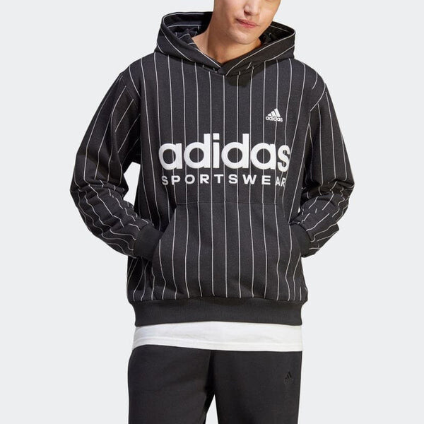 Толстовка adidas Pinstripe Fleece Hoodie 'Black White', черный — фото 2