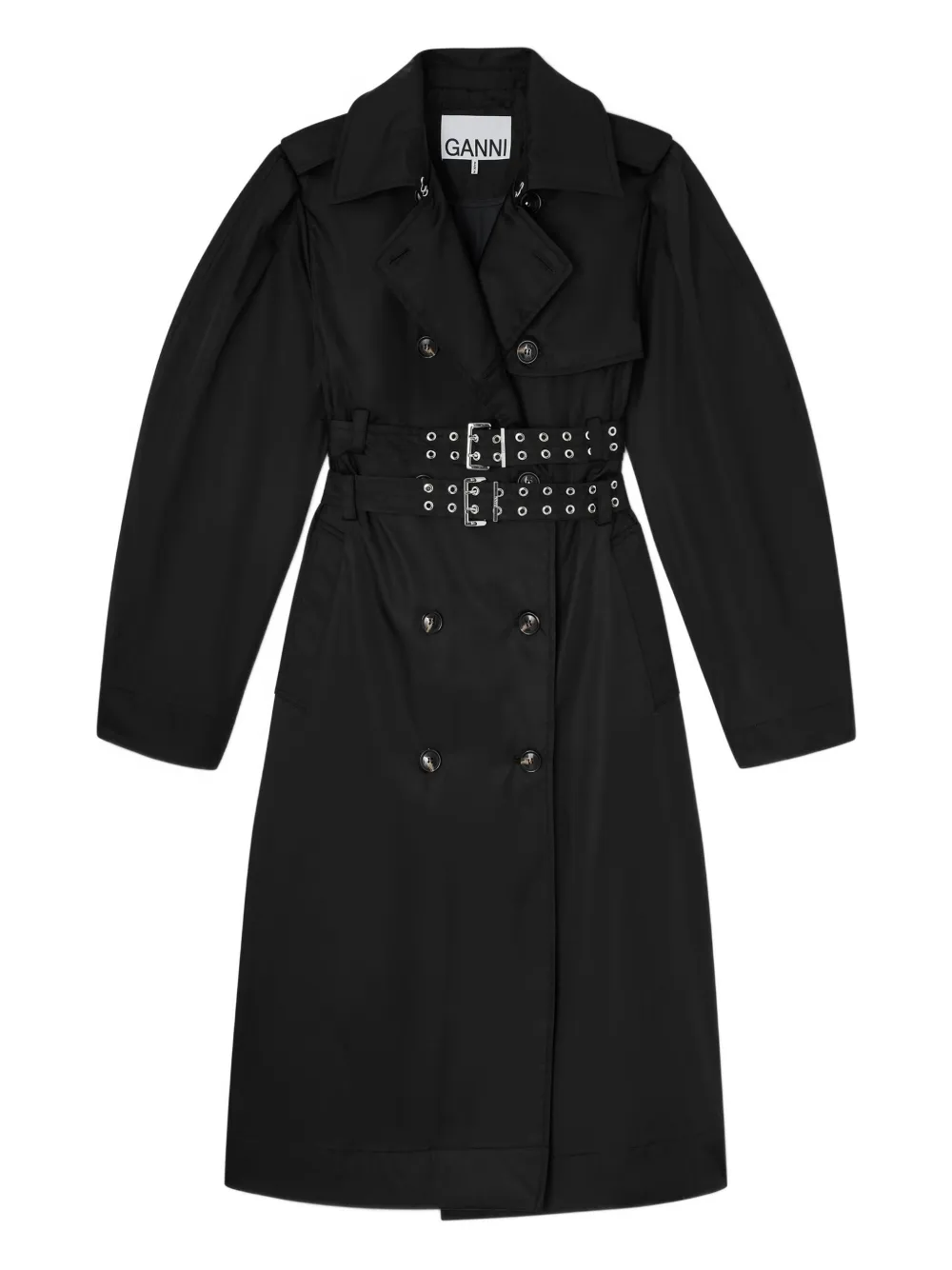 

Двубортное пальто с поясом Ganni, черный
