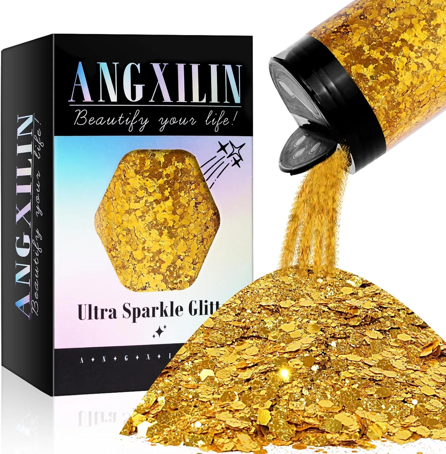 Блестки голографические холи ANGXILIN, 190 г, ярко-золотой
