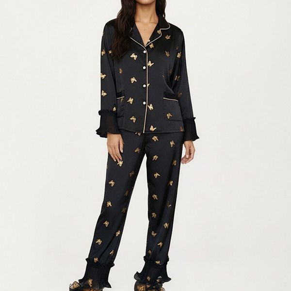 

Женский комплект из 2 предметов: пижамная блузка из сатина с отделкой пипингом и манжетами-рюшами и брюки Anna-Kaci, Black