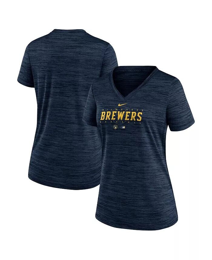 

Женская темно-синяя футболка Milwaukee Brewers Authentic Collection Velocity Practice Performance с V-образным вырезом Nike