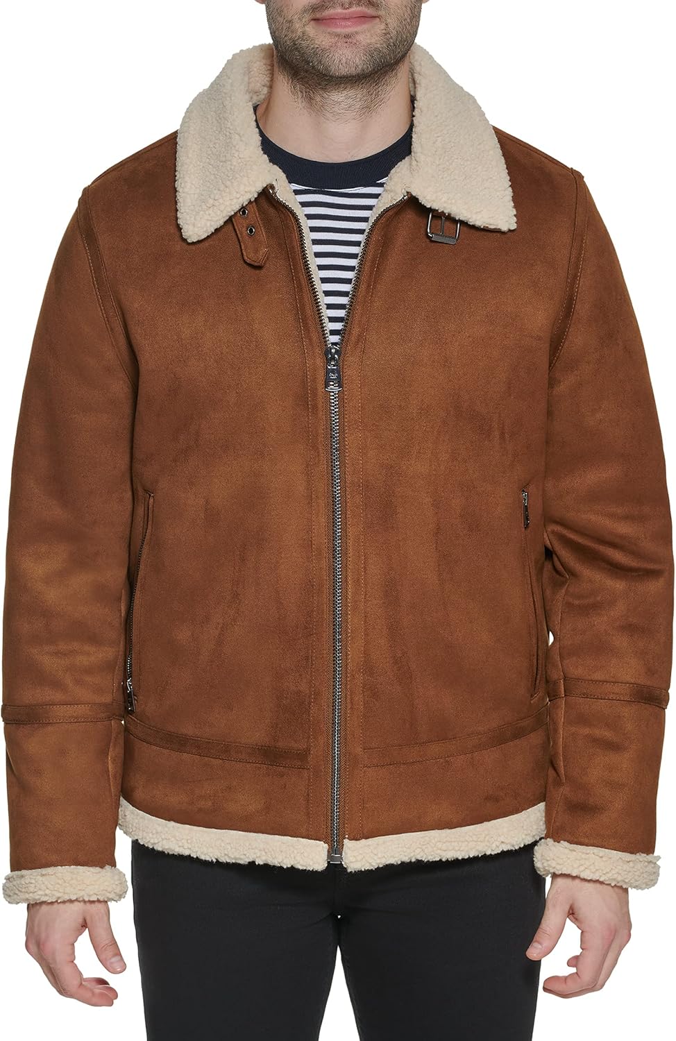 Мужская куртка Calvin Klein из искусственной кожи - бомбер с подкладкой из овчины, Shearling Lined Cognac — фото 2
