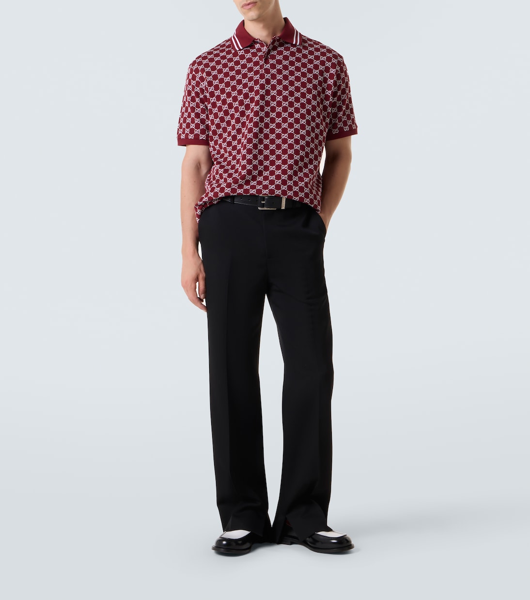 Рубашка-поло из жаккардового хлопкового пике с узором GG Gucci, Rosso Ancora/White/M — фото 2