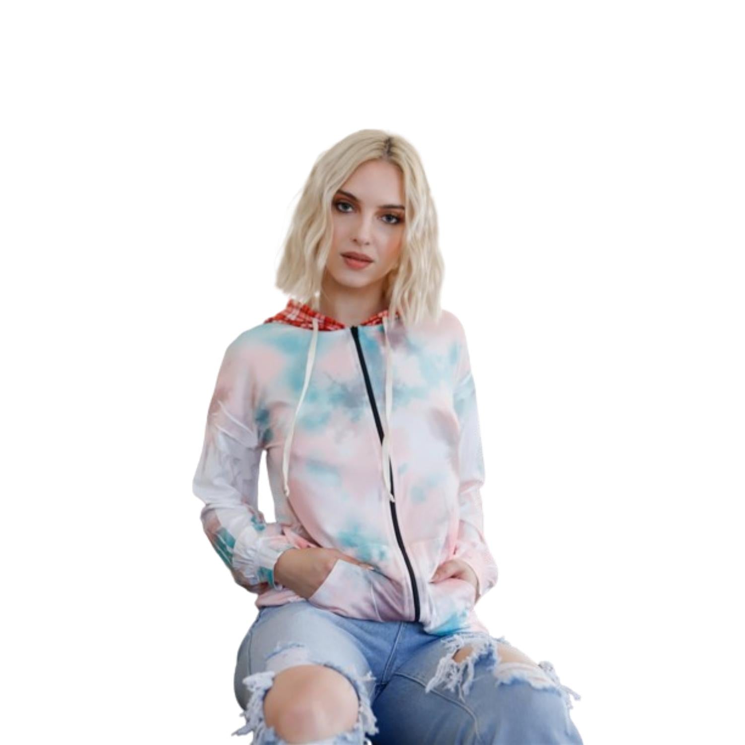 

Контрастный клетчатый свитер с капюшоном и принтом «перья и тай-дай» FASHNZFAB, цвет sage pink